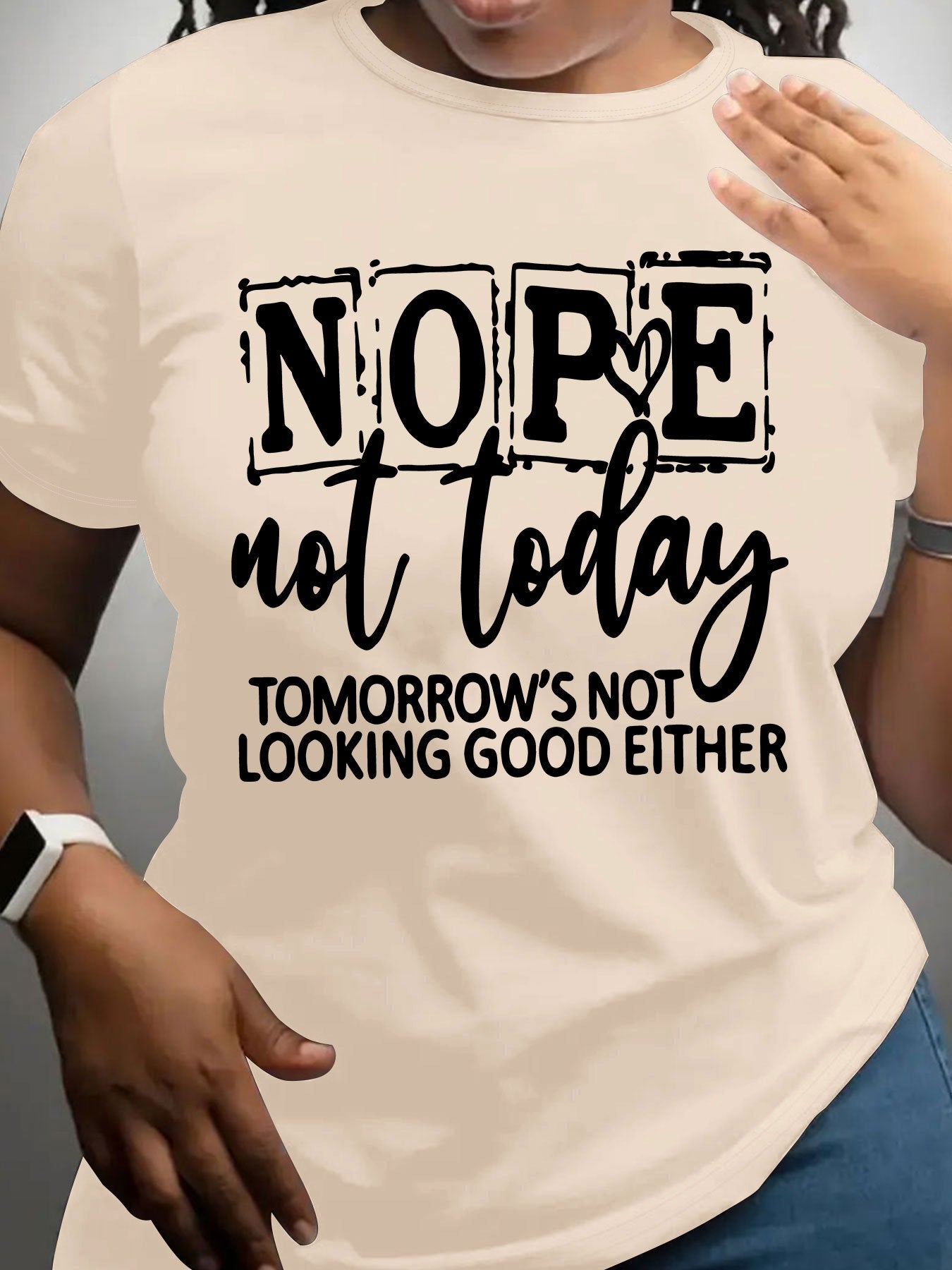 Women'S Casual NOPE Letter Print T-Shirt, 100% Polyester Knit Fabric, Crew Neck, Short Sleeve, Regular Length, Alphabet Pattern, All-Season Top